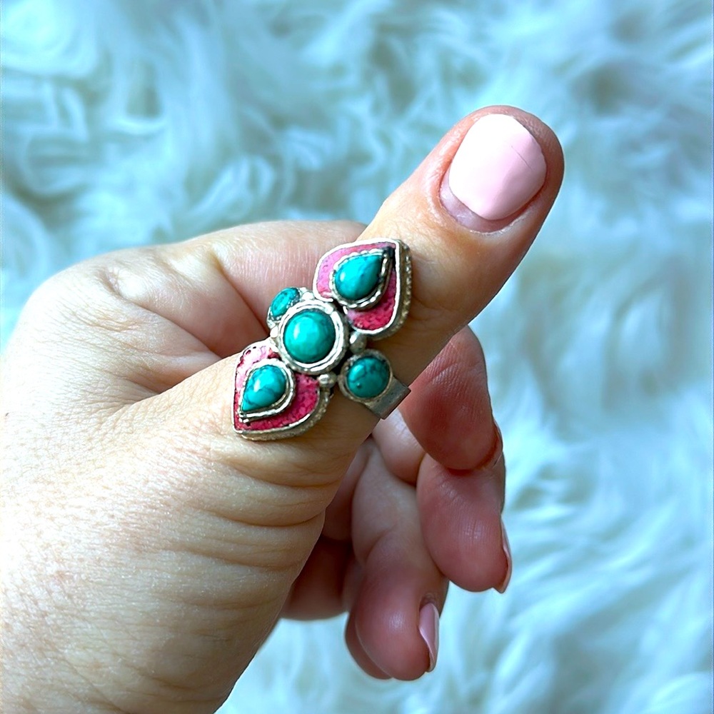 Boho Turquoise, Coral and Sterling Silver Navajo-style ring Size 8.5